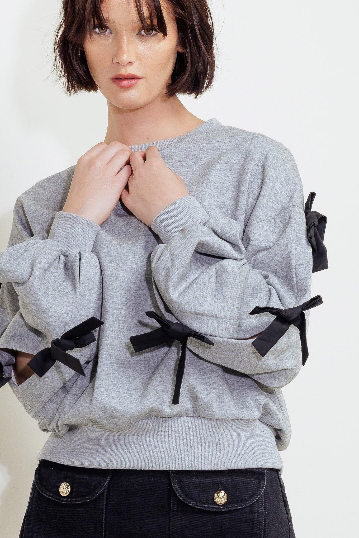 Crew Neck Sweater with Bow Tie Detail Sleeves