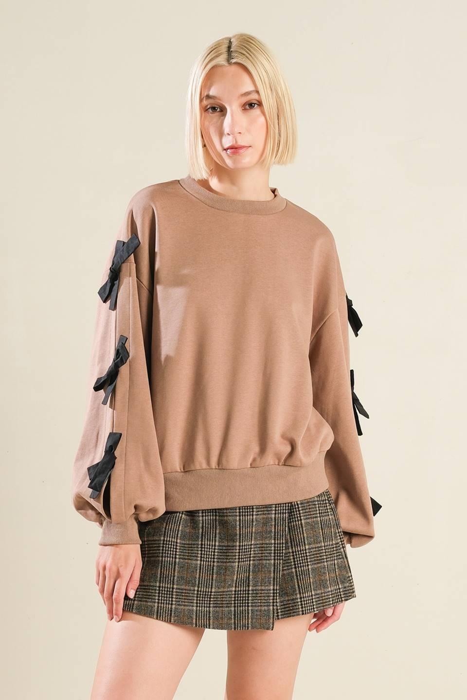 Crew Neck Sweater with Bow Tie Detail Sleeves