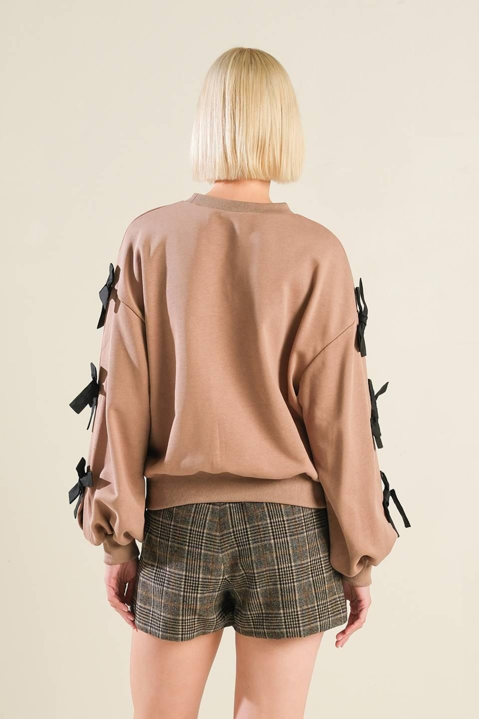 Crew Neck Sweater with Bow Tie Detail Sleeves