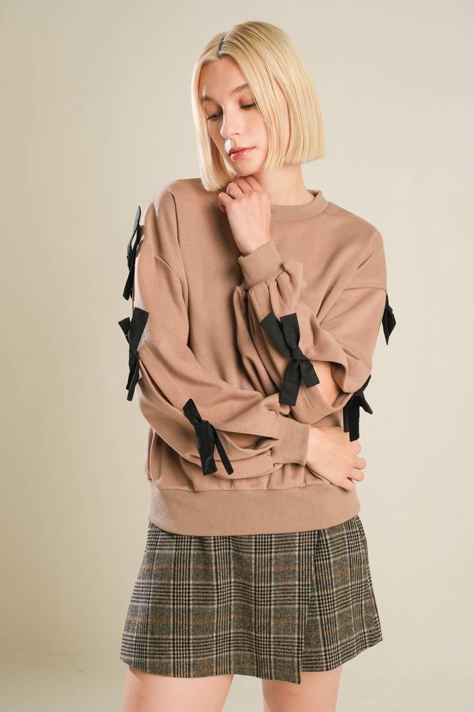 Crew Neck Sweater with Bow Tie Detail Sleeves