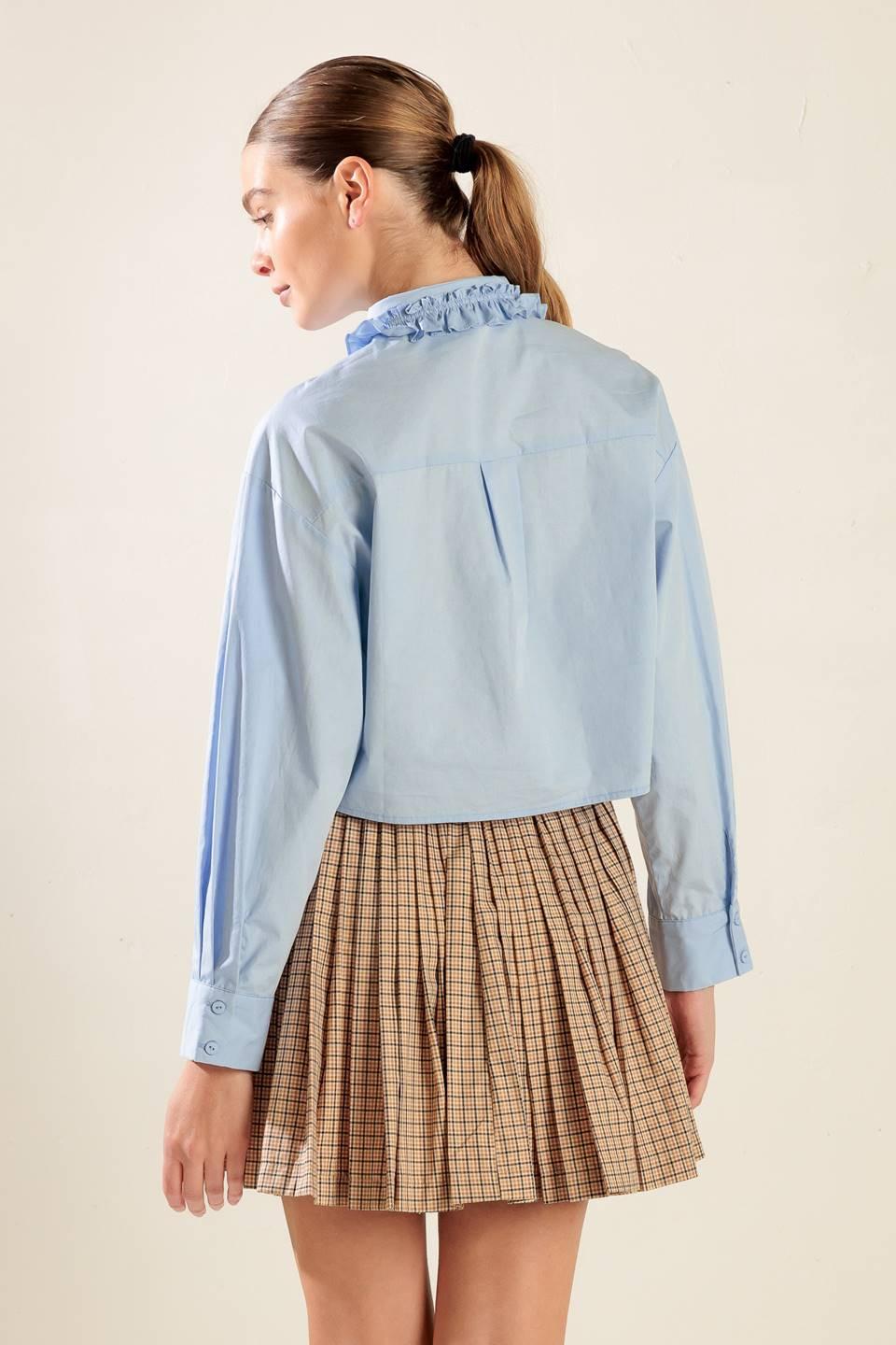 Light Blue Ruffled Collar Button Down Woven Top - Image 3
