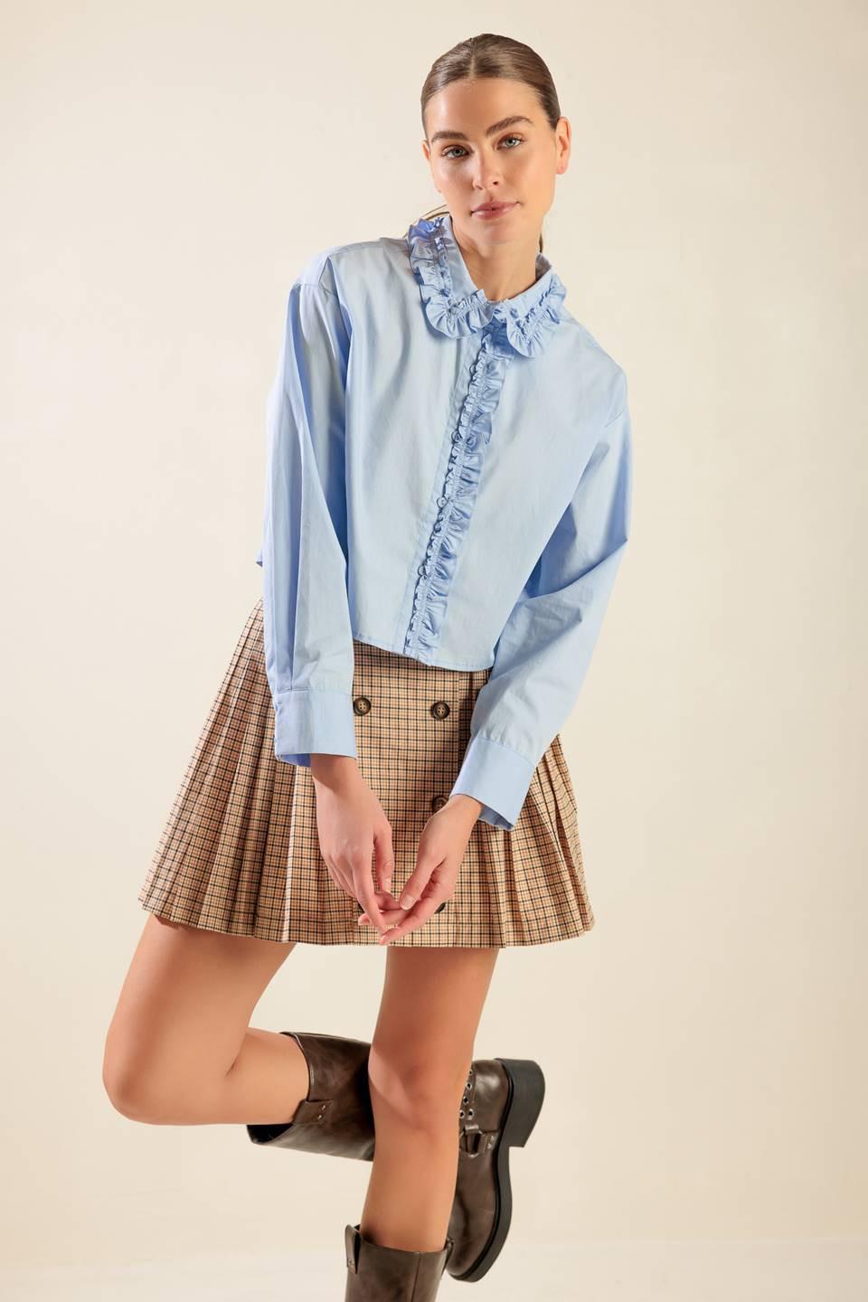 Light Blue Ruffled Collar Button Down Woven Top - Image 4