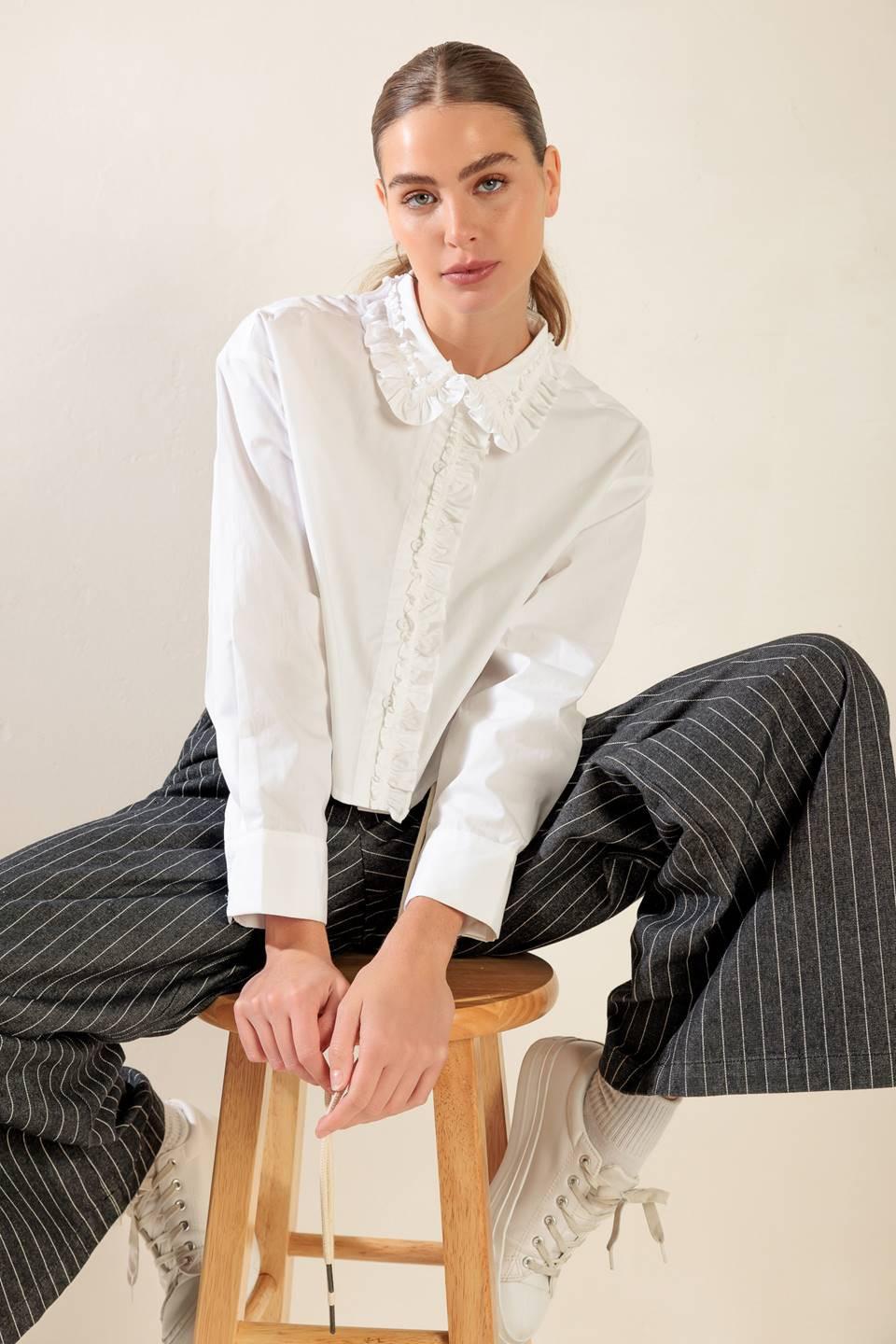 Light Blue Ruffled Collar Button Down Woven Top - Image 15