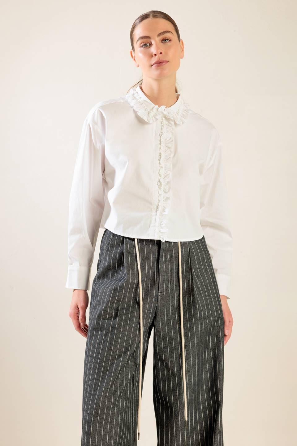 Light Blue Ruffled Collar Button Down Woven Top - Image 2