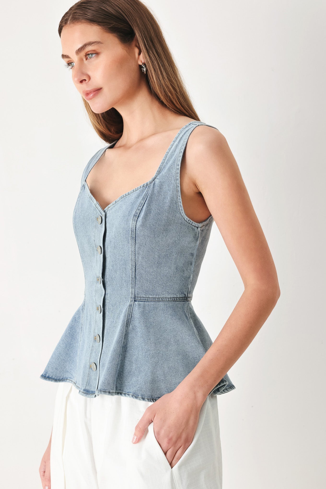 Blue Denim Sleeveless Peplum Top with Button Front Detail - Image 4