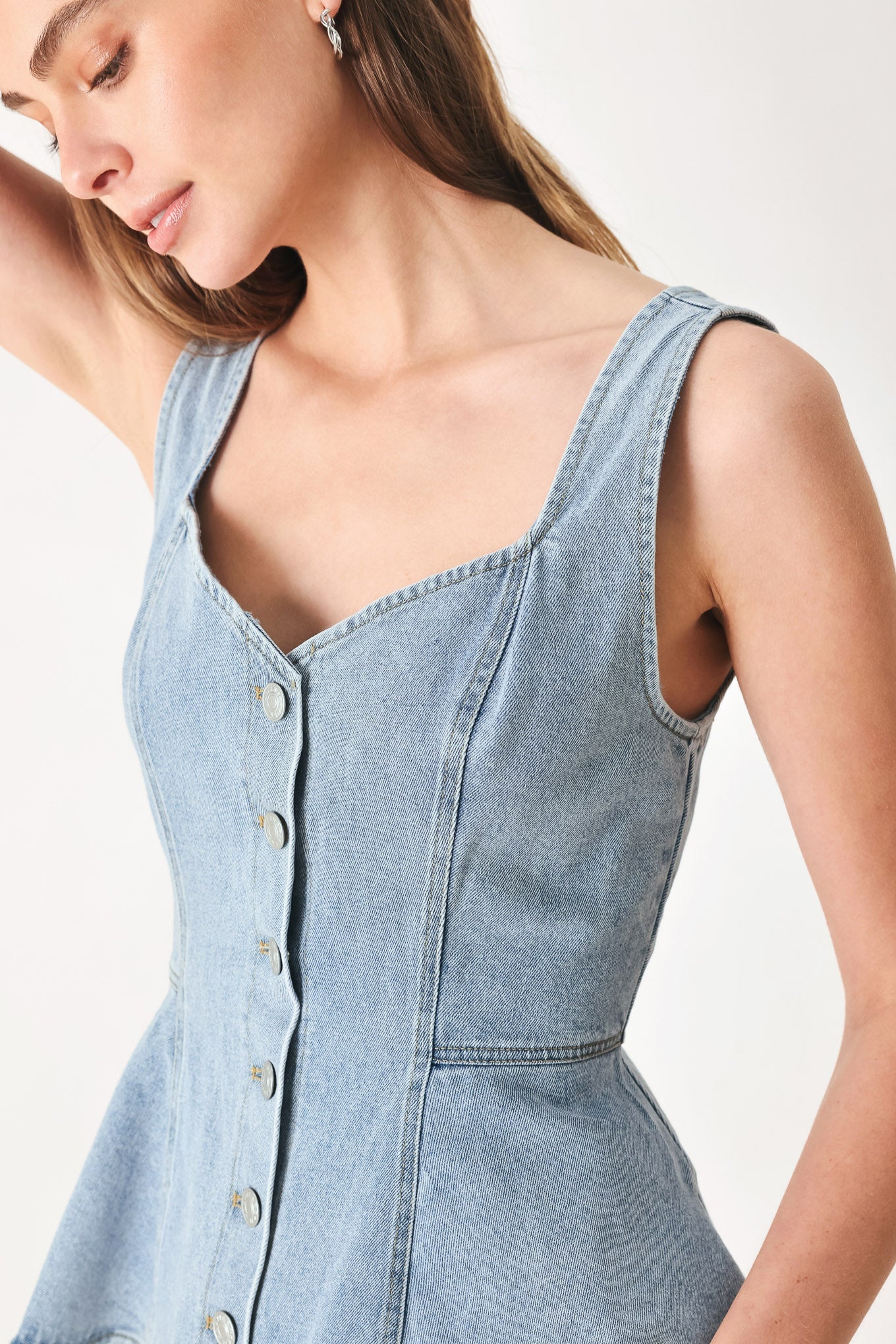 Blue Denim Sleeveless Peplum Top with Button Front Detail - Image 2