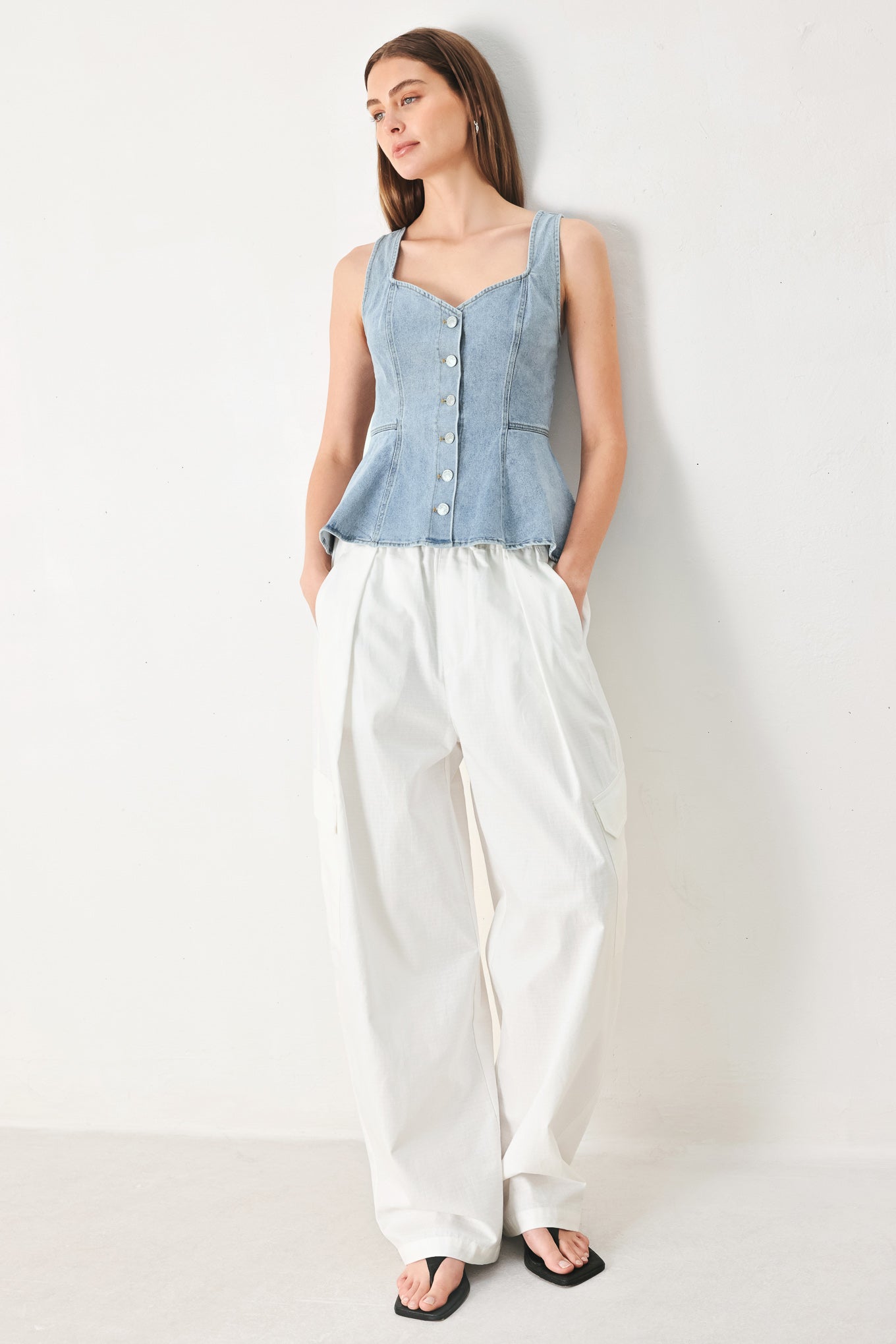 Blue Denim Sleeveless Peplum Top with Button Front Detail - Image 3