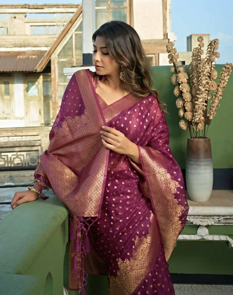 Deep Wine Organza Silk Saree with Weaving Work and Tassels