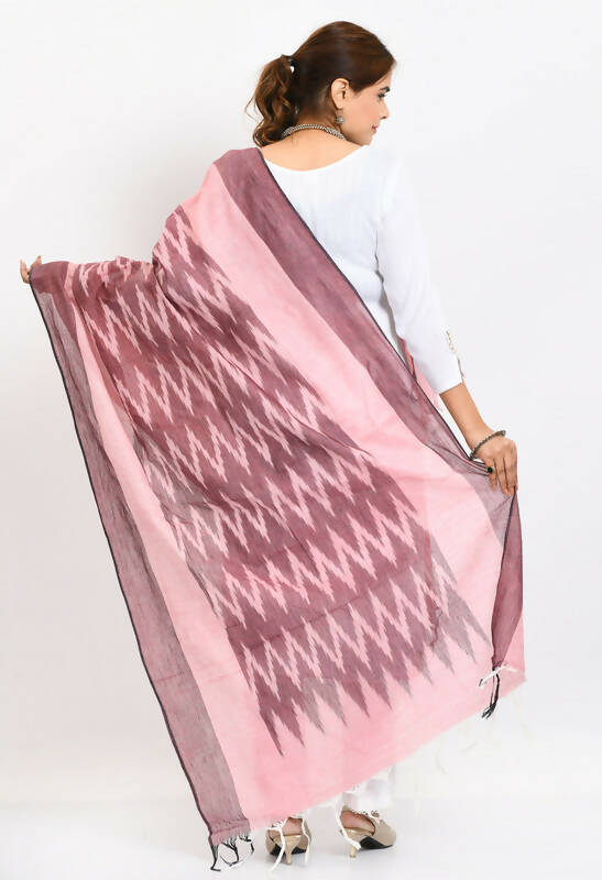 Handloom Cotton Ikkat Dupatta in Maroon with Light Pink