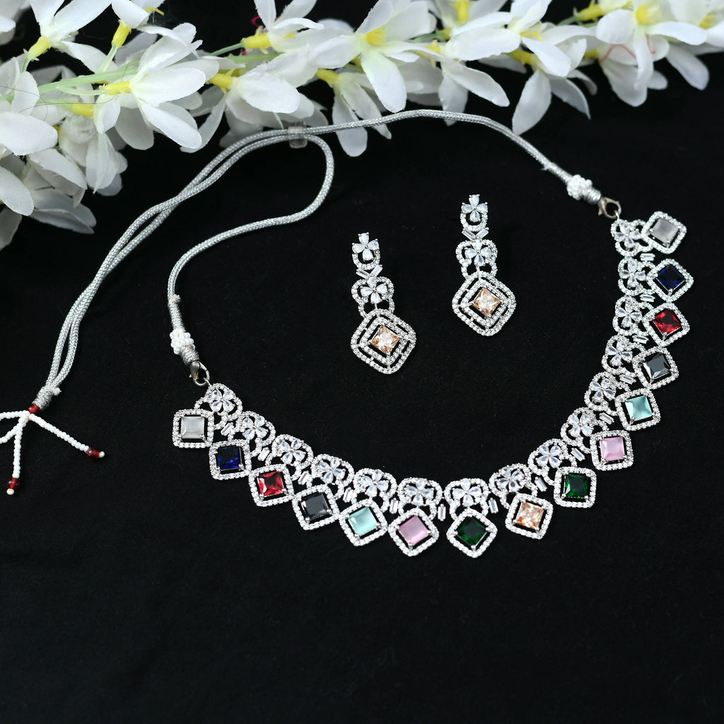 Multi-color American Diamond choker necklace set with silver-plated finish for festive wear