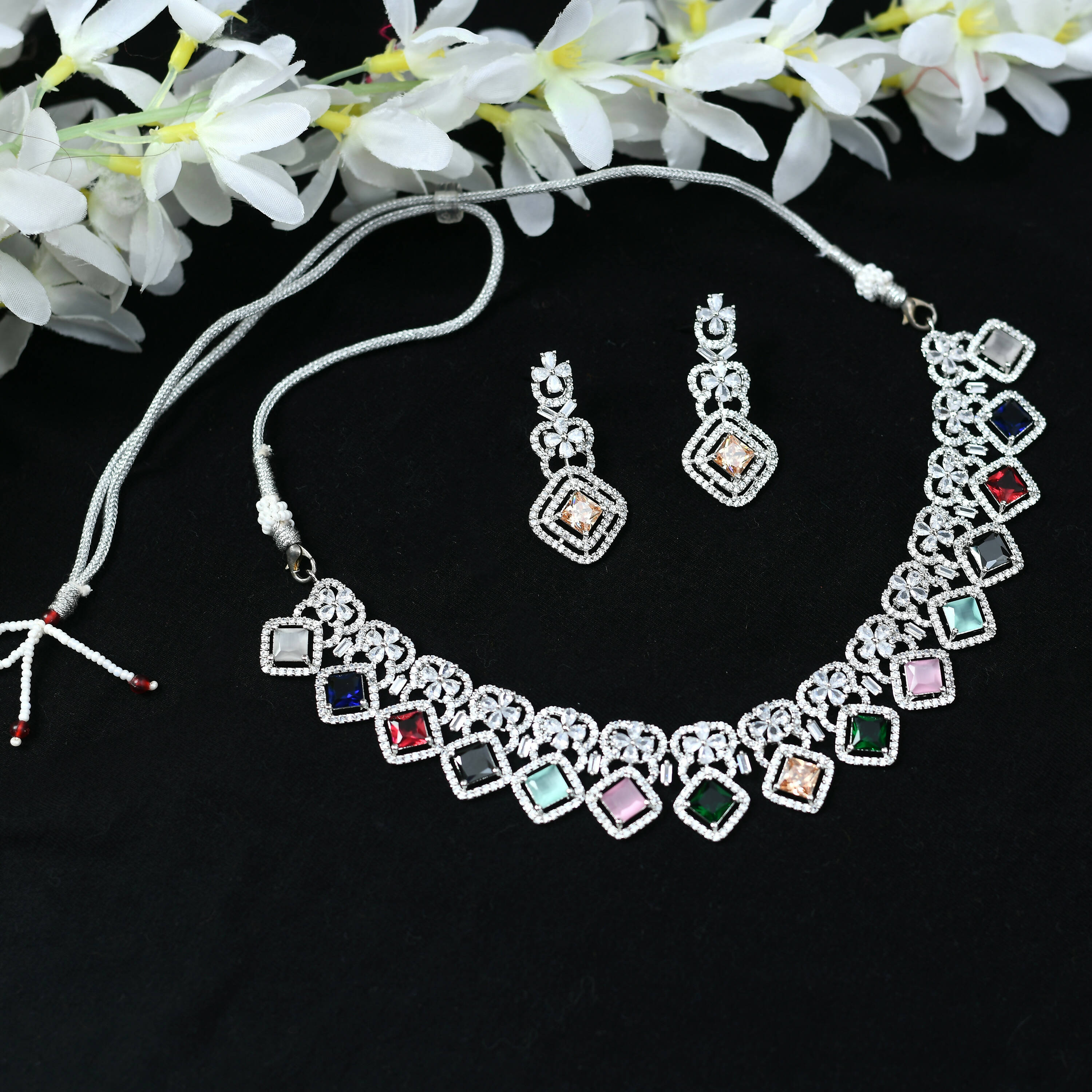 Multi-color American Diamond choker necklace set with silver-plated finish for festive wear