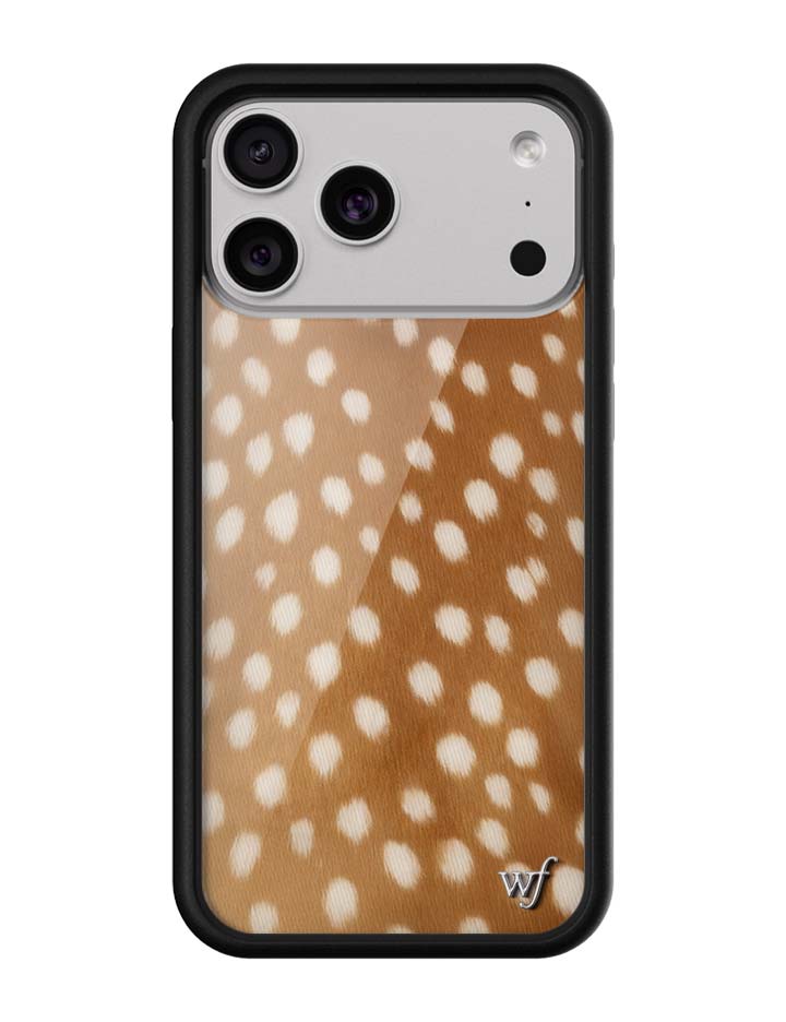 Close up of a fawn-inspired phone case with caramel brown background and white spots against a black protective frame.