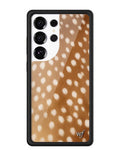 Fawn print phone case for Samsung Galaxy with a black protective bumper and spotted animal pattern.