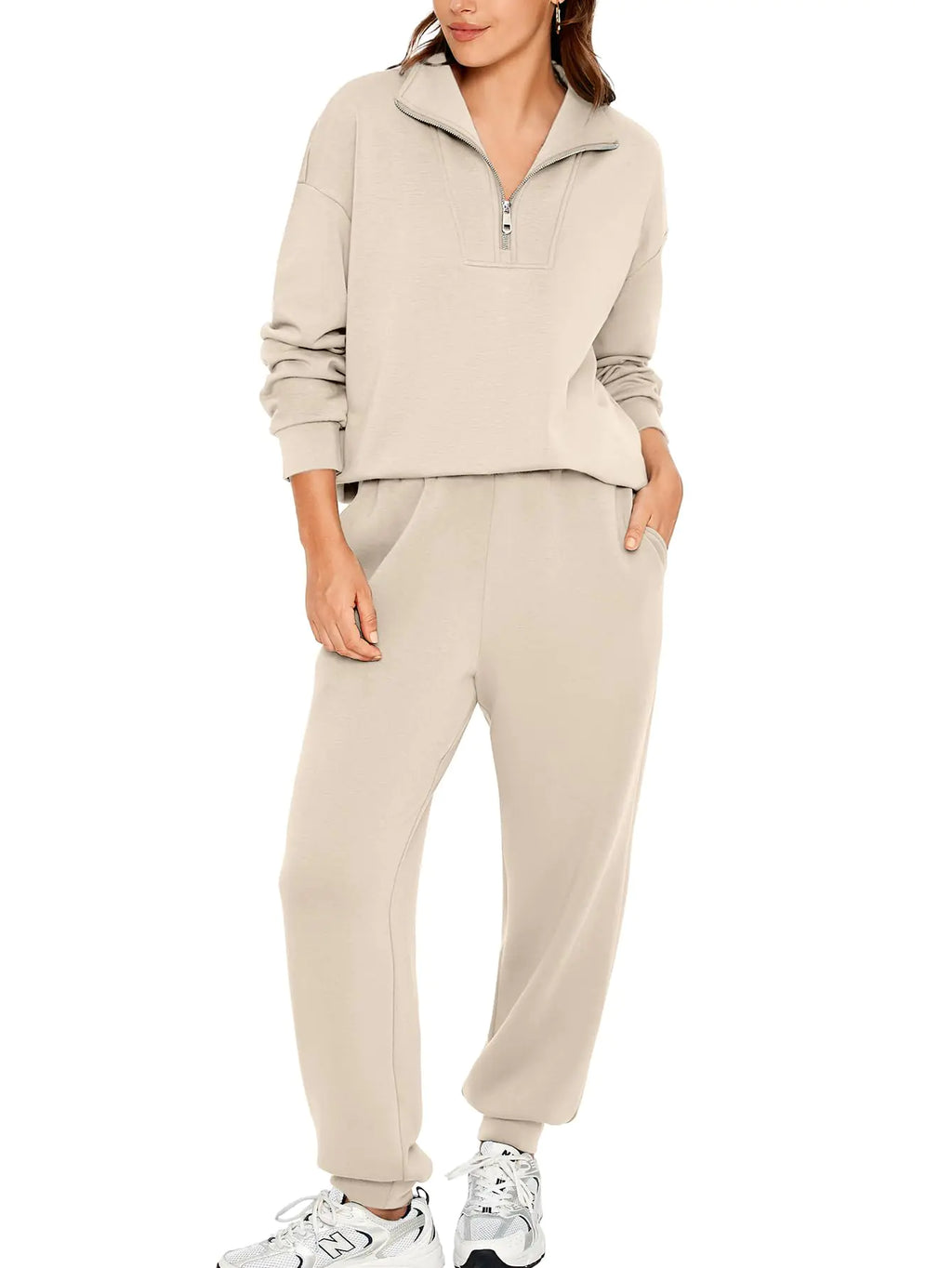 Glamaker Womens 2 Piece Outfits Sweatsuits Set Half Zip Long Sleeve Sweatshirts Joggers Sweatpants Tracksuit(Khaki L)