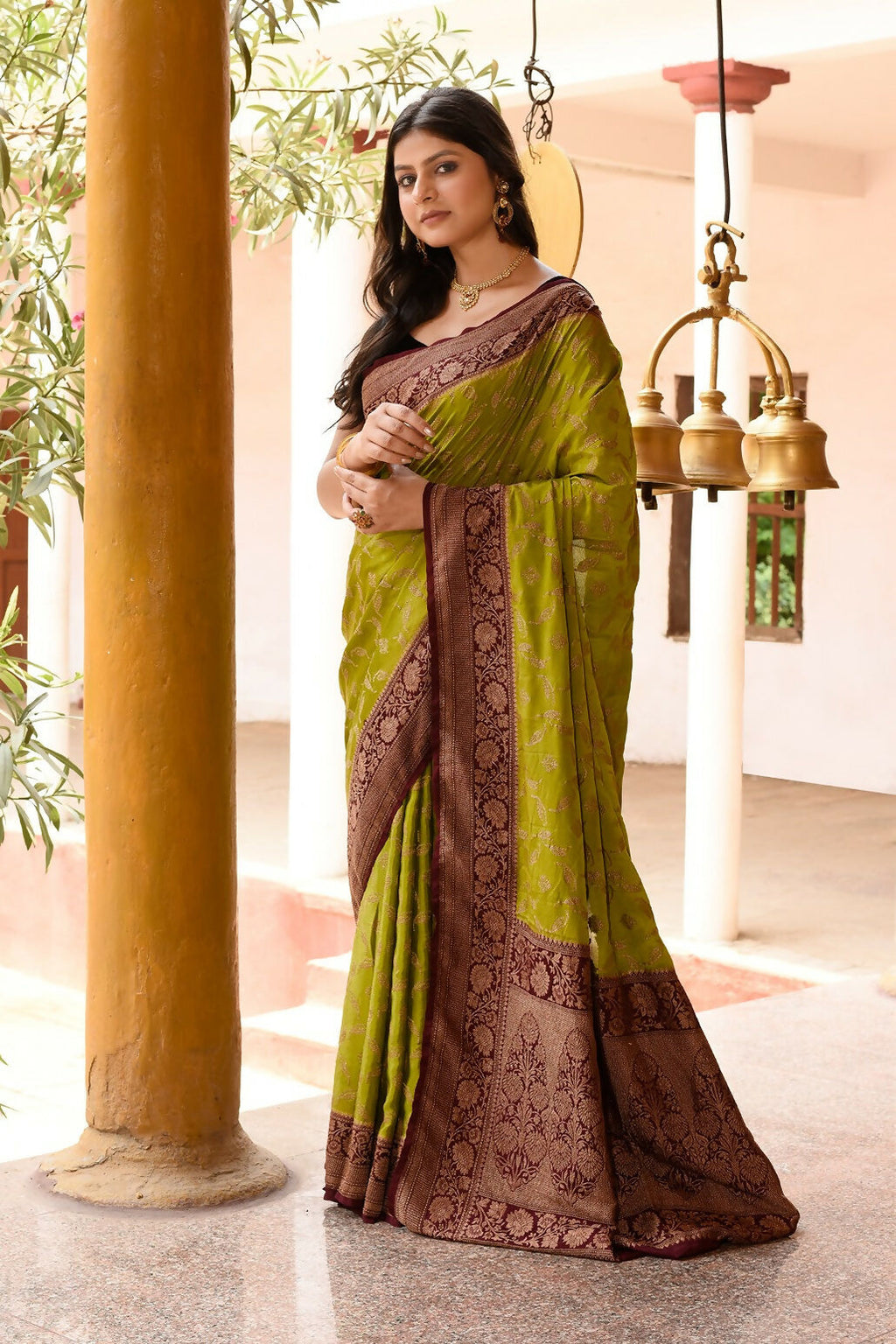 Grass Green Crepe Chiffon Banarasi Silk Saree