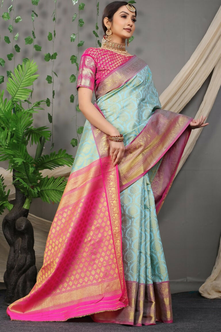 Sky Blue Kanjivaram Silk Saree with Pink Blouse and Zari Woven Work