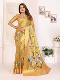 Golden Banarasi silk saree featuring crane patterns and soft tissue fabric