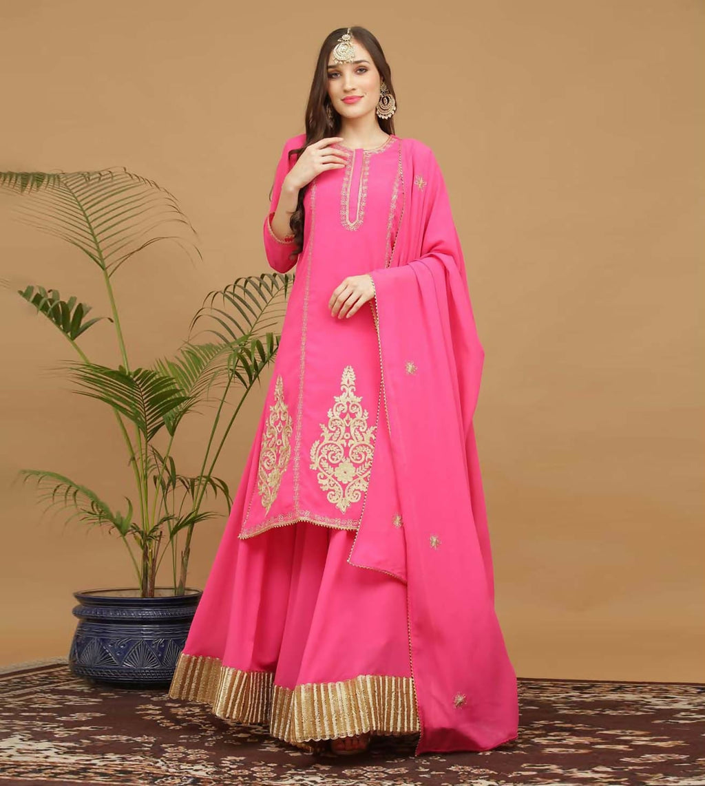 Elegant pink georgette lehenga set featuring a flattering silhouette.