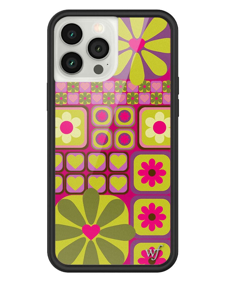 Flower Funk iPhone case with retro floral and heart pattern in pink, green, and brown, featuring a black protective rubber bumper and a signature silver WF logo.