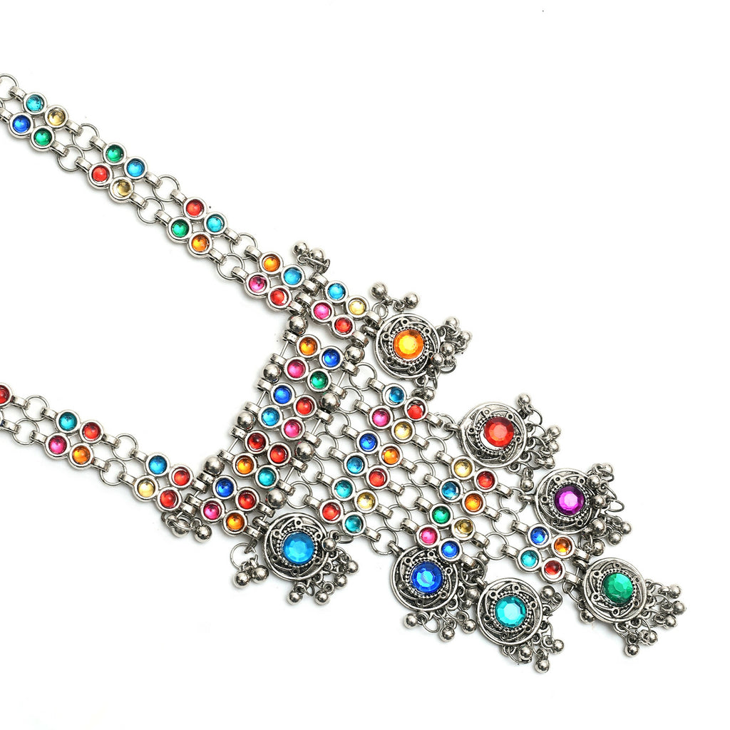Multi Kundan Afghani Long Necklace in Oxidised Silver Finish