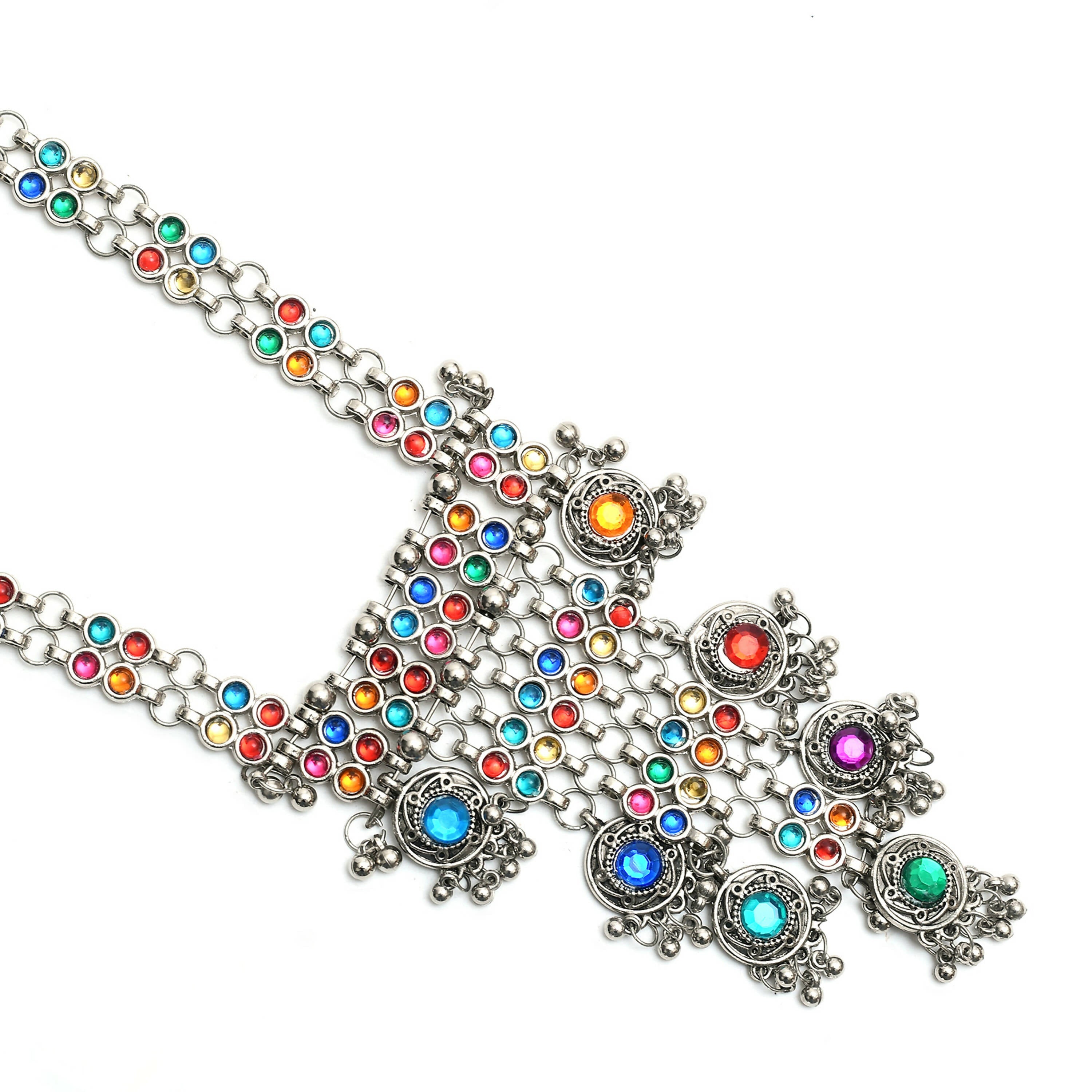 Multi Kundan Afghani Long Necklace in Oxidised Silver Finish