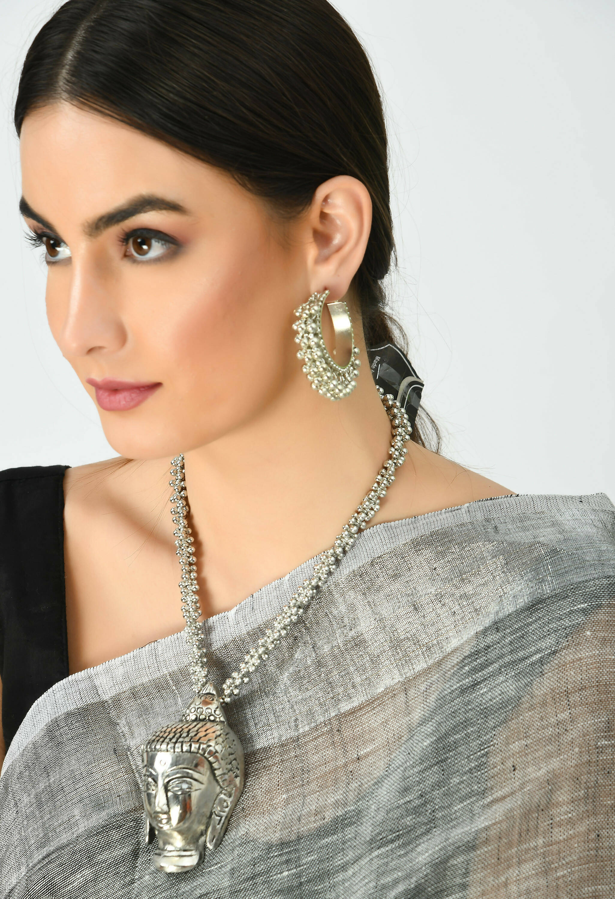 Silver-Plated Budha Long Necklace for Women Oxidised Jewelry