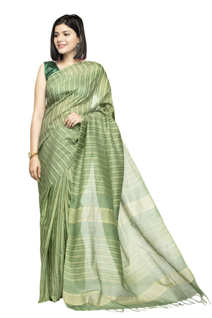 Olive Green Bhagalpuri saree with an unstitched blouse piece displayed elegantly.