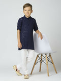 Boys navy blue cotton kurta with sequin work and matching pyjamas