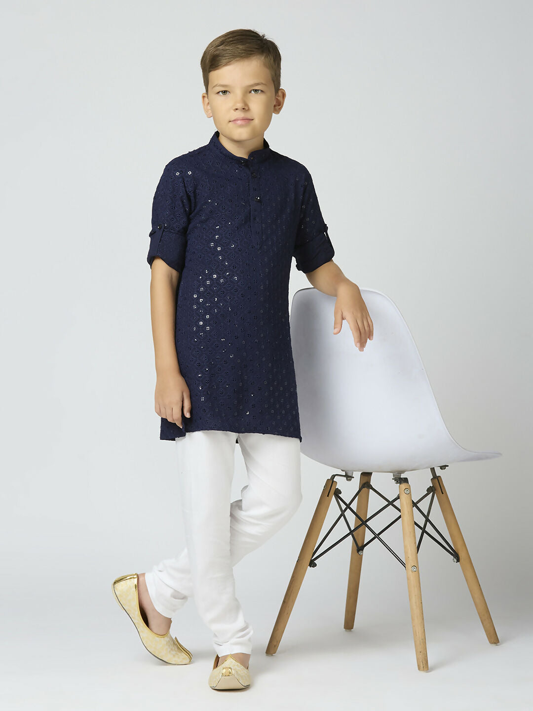 Boys navy blue cotton kurta with sequin work and matching pyjamas