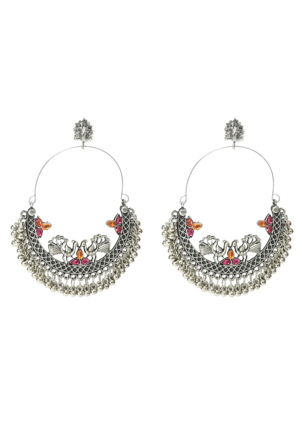 Silver tone Peacock Chandbali earrings with pink and orange accents for ethnic styling