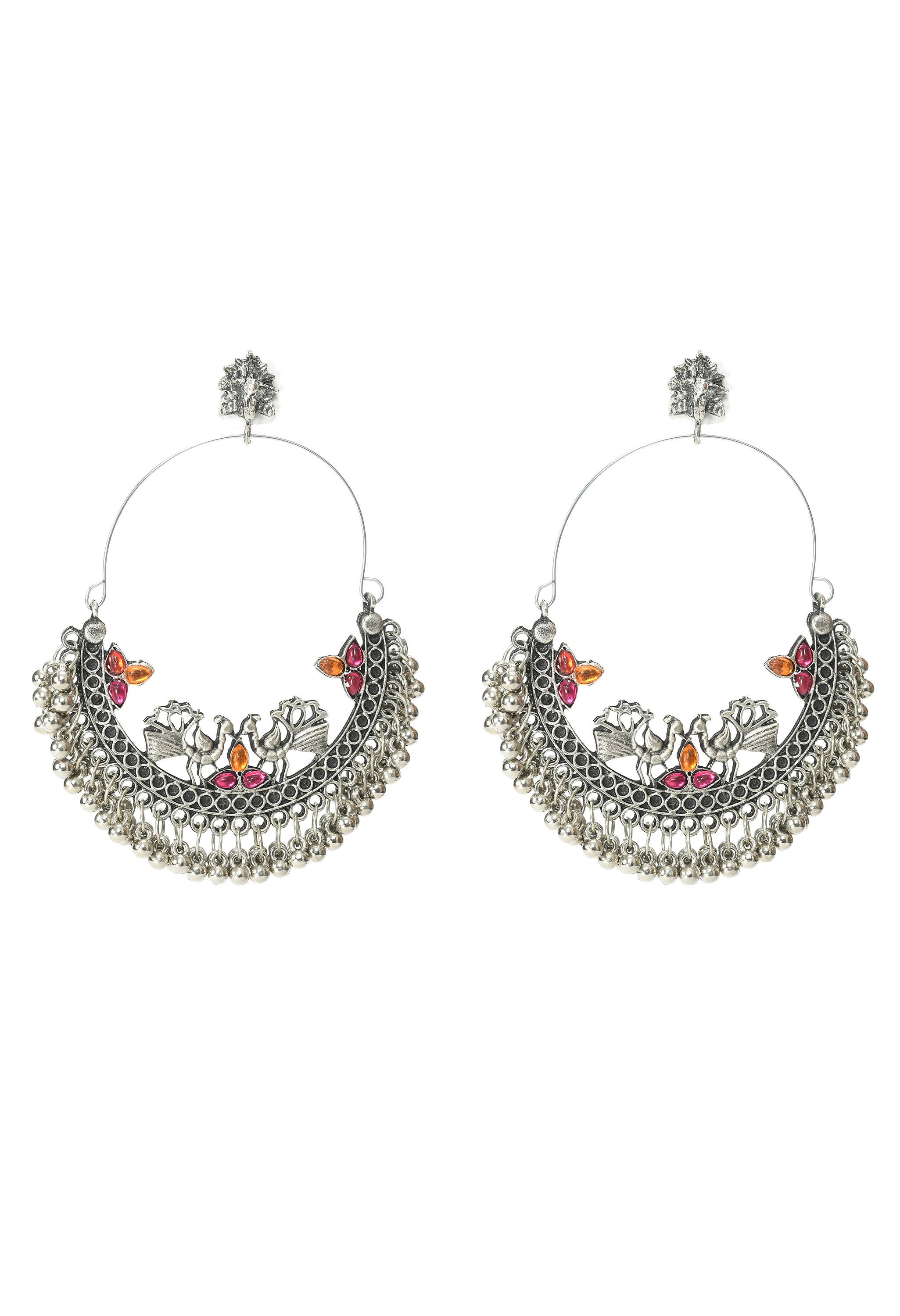 Silver tone Peacock Chandbali earrings with pink and orange accents for ethnic styling