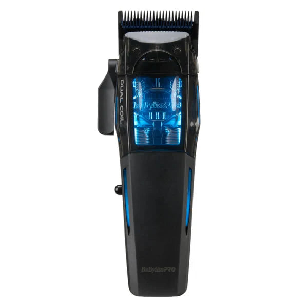 BaBylissPRO Dual Coil Clipper in black with blue LED accents and translucent housing.