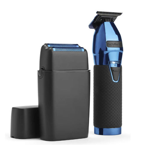 BaBylissPRO LimitedFX Black & Blue Trimmer and Shaver set on a professional barber workstation