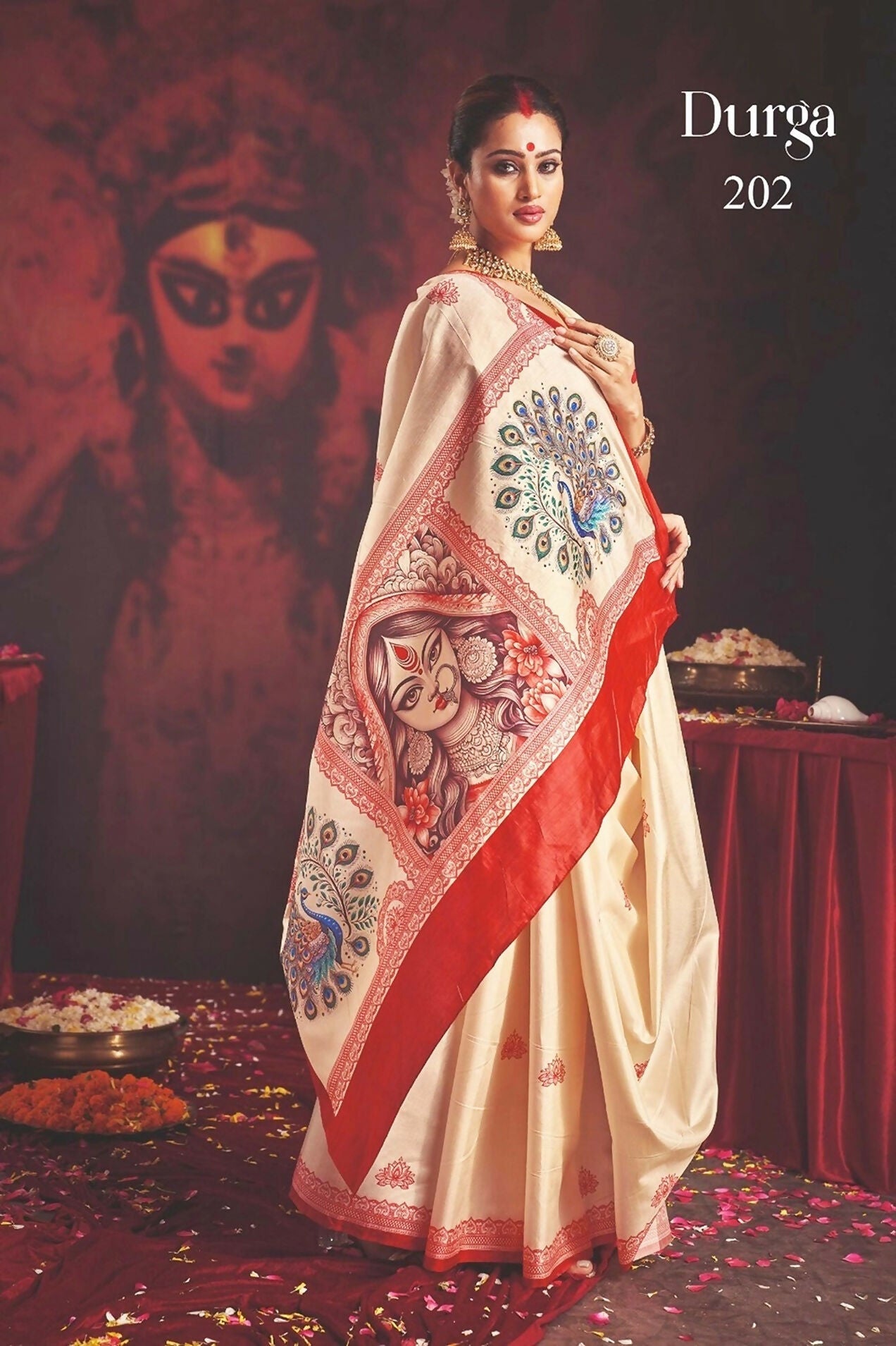 Off White Silk Blend Garad Saree with Red Blouse
