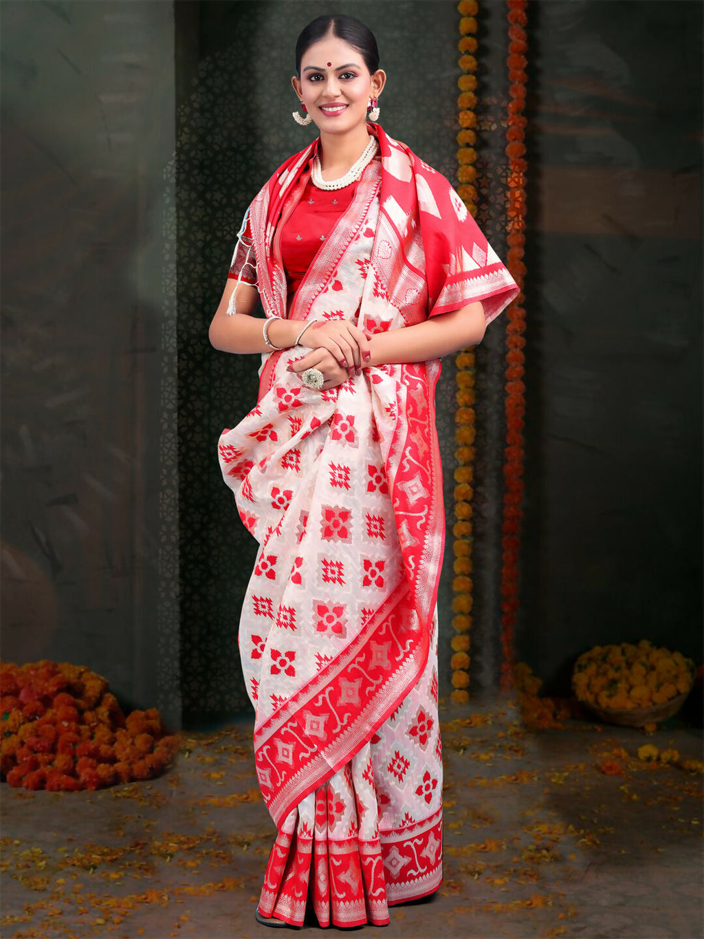 Red and White Linen Cotton Saree with Blouse Piece