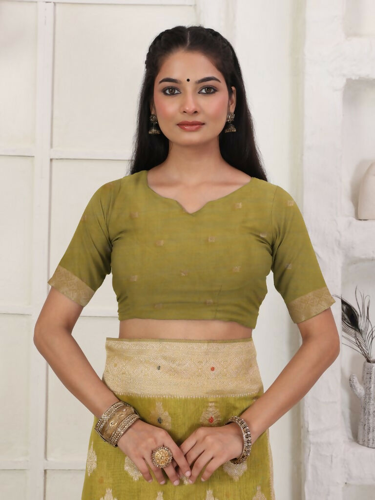 Mhendi Green Linen Cotton Saree with Matching Blouse Piece