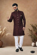 Front view of men's maroon silk indo-western kurta set with detailed thread and sequence embroidery.