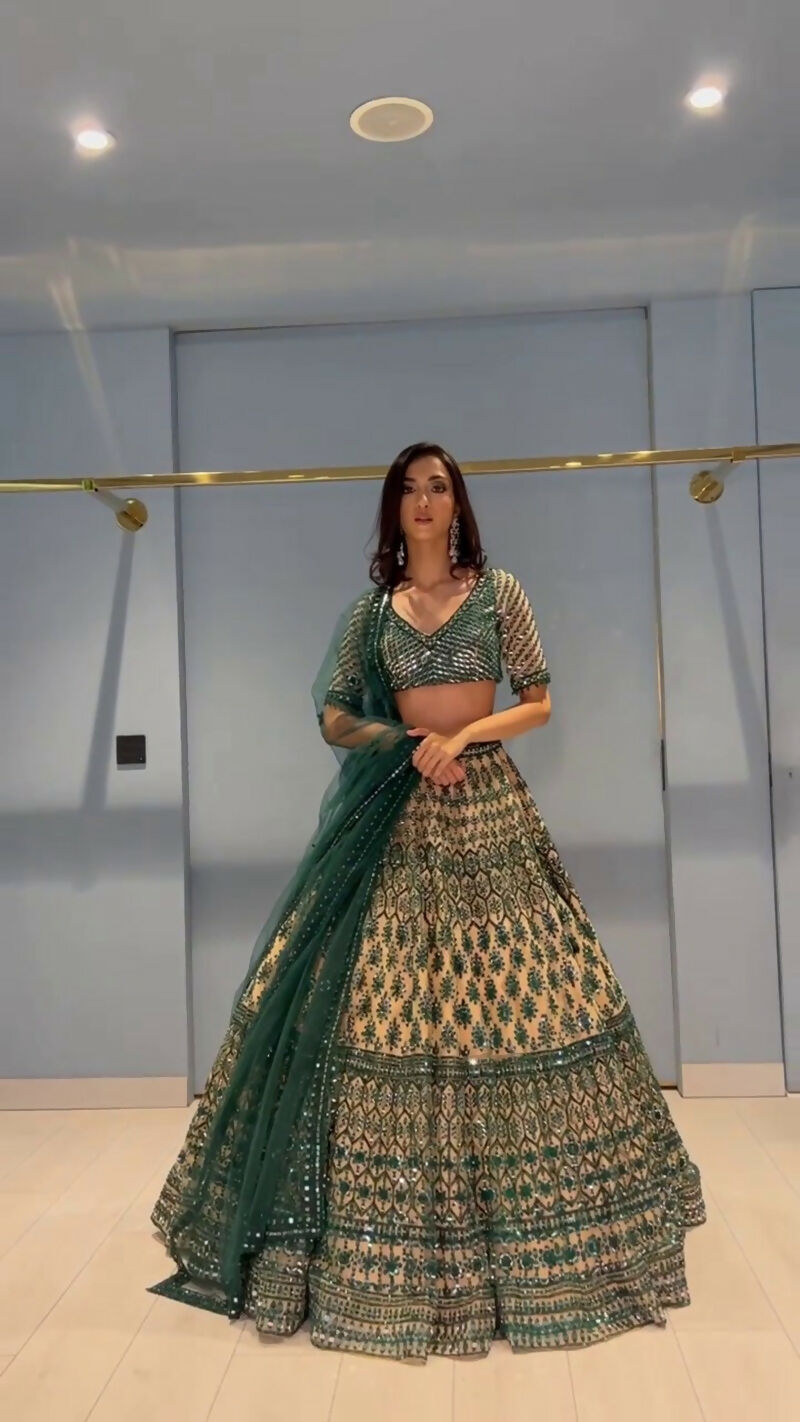 Teal Green and Cream Georgette Lehenga Choli with Thread Embroidery