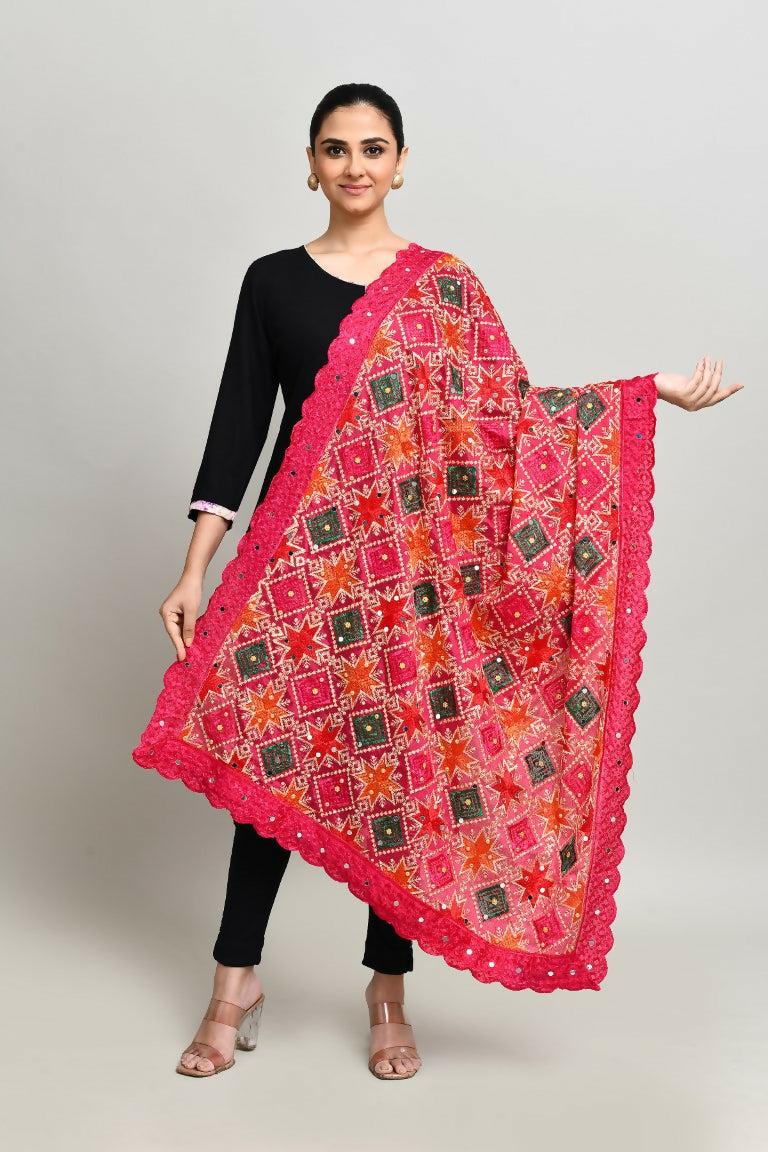 Multi color cotton Phulkari dupatta with detailed traditional embroidery work