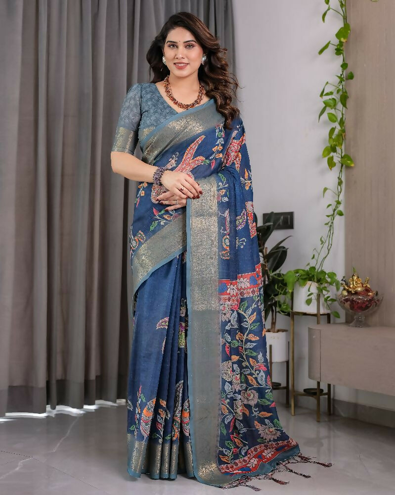 Blue Pure Handloom Linen Saree for Elegant Daily Wear