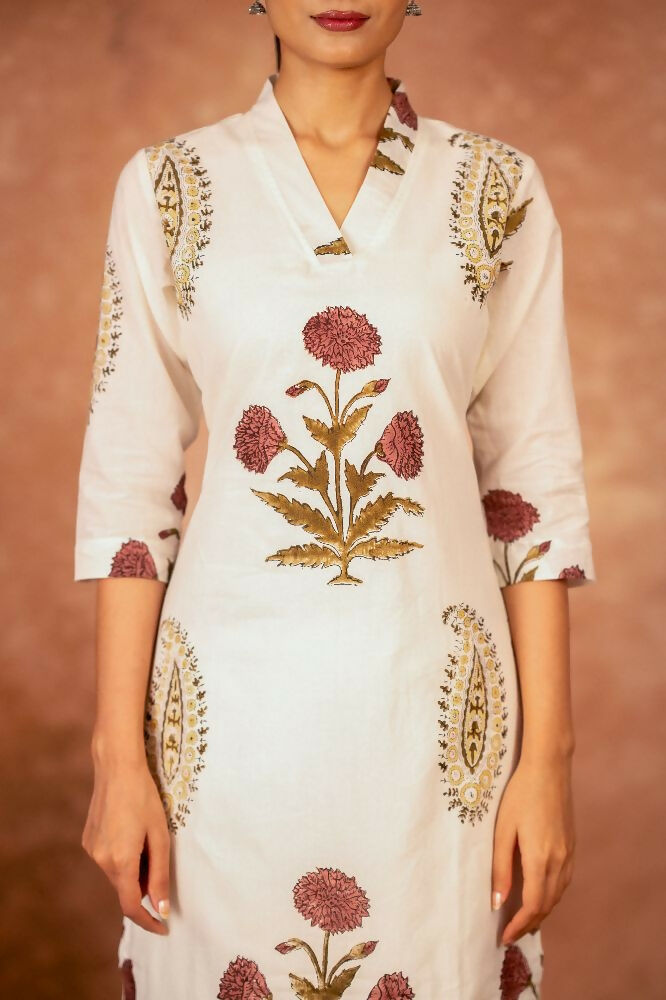 Off White Red Floral Hand Block Printed Cotton Kurta Pant Set