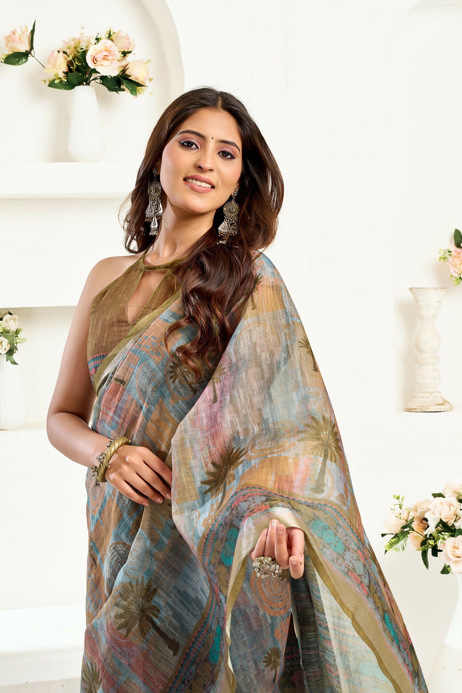 Dusty Green Floral & Ethnic Motif Linen Ready To Wear Saree