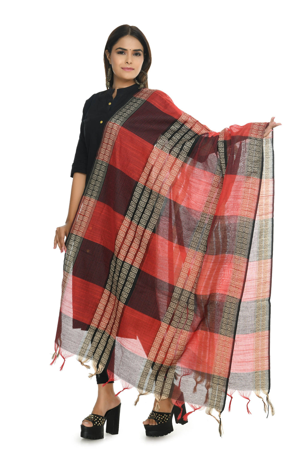 Red Tone Handloom Cotton Dupatta - Soft Ethnic Stole