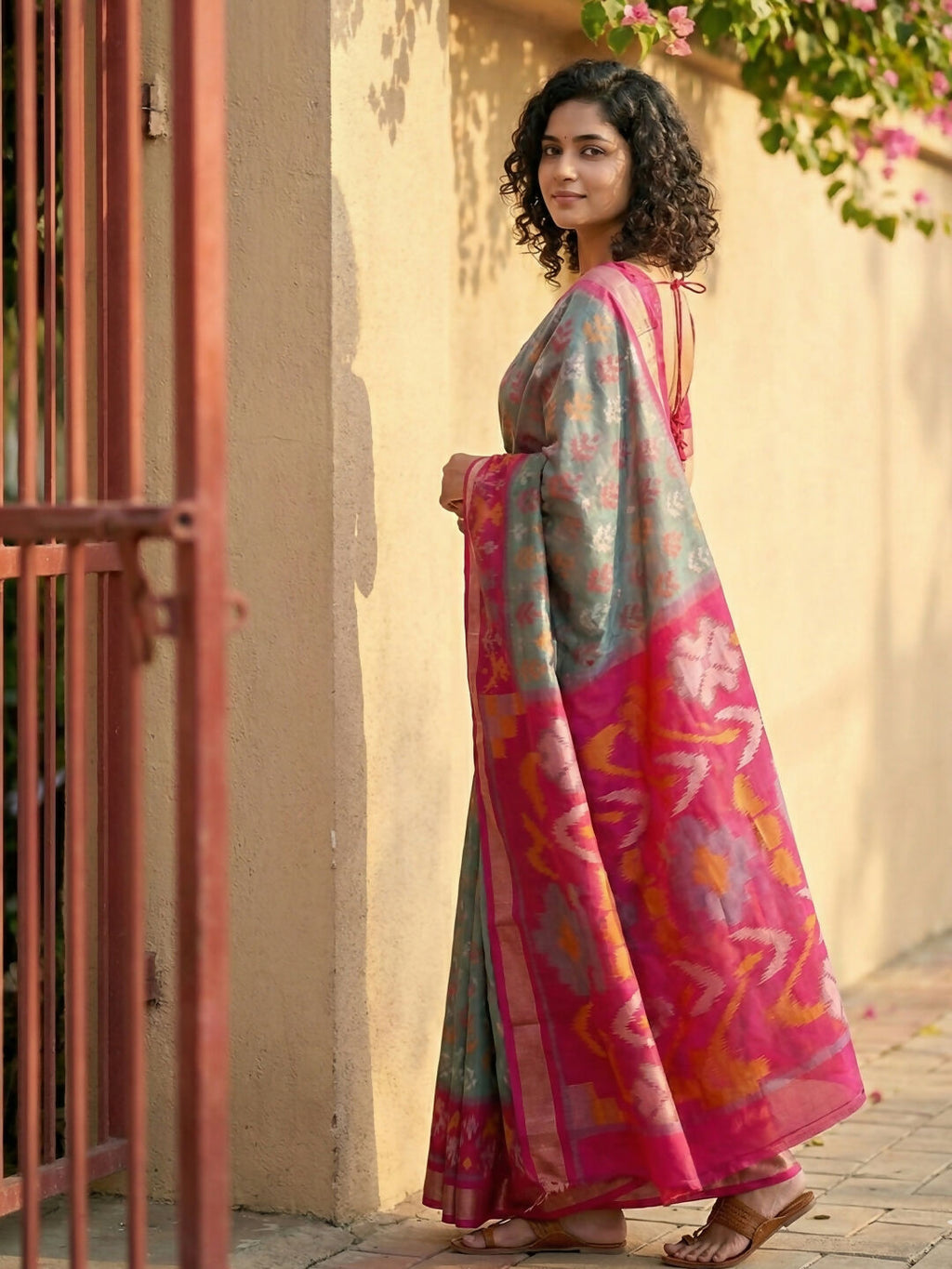 Grey Pochampally Silk Saree with Matching Blouse