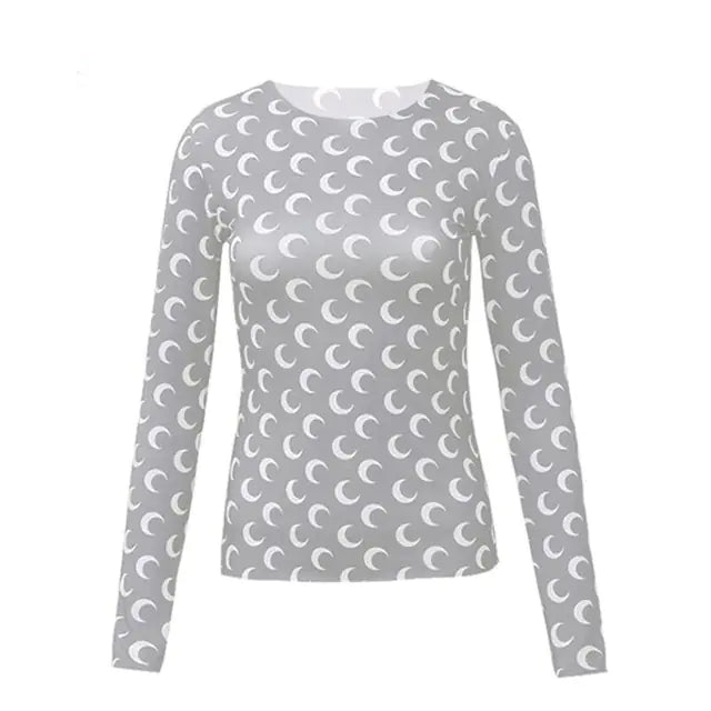 Women Long Sleeve Moon Print Crew Neck Shirt Soft Base Layer - Image 19