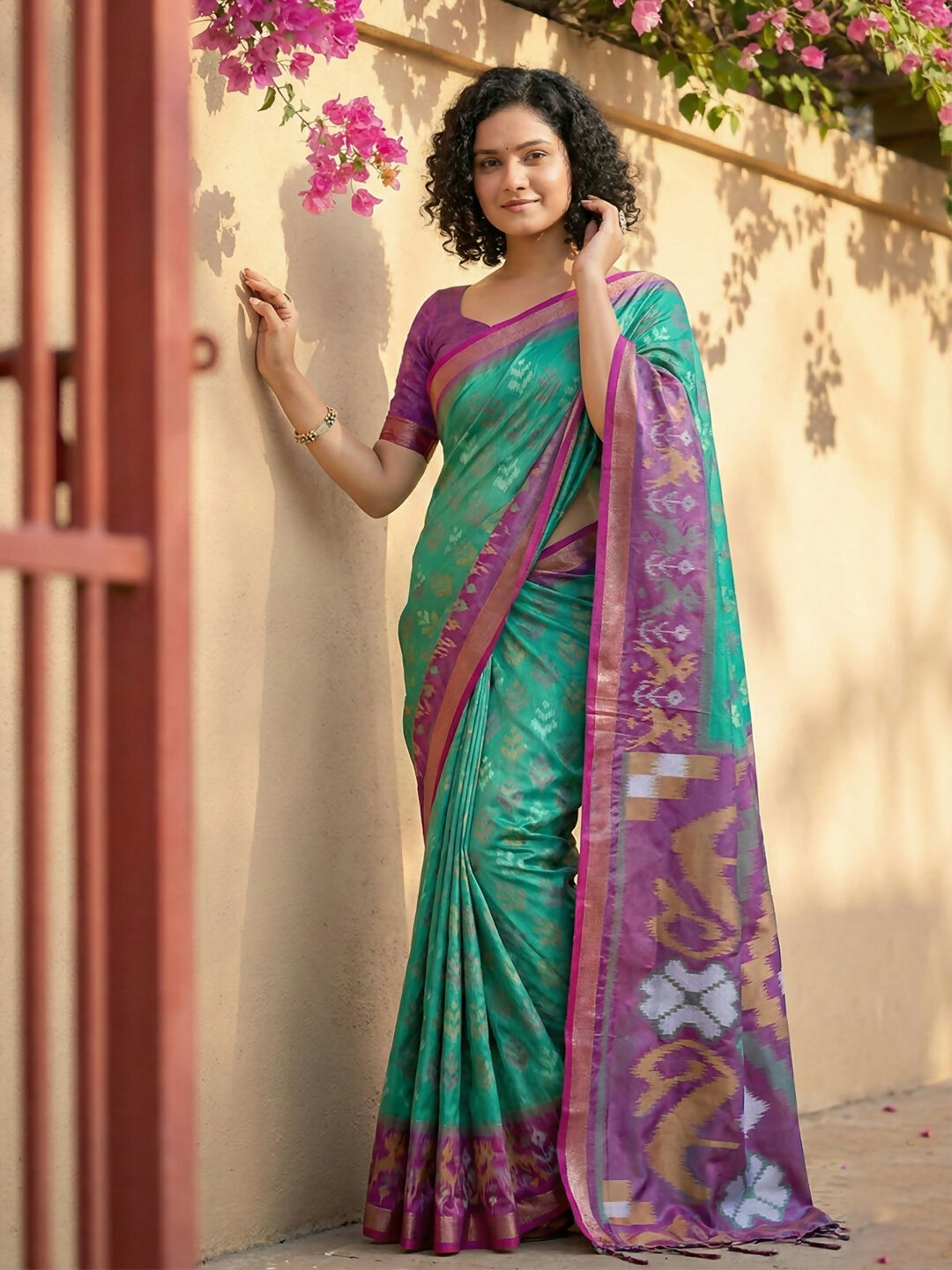 Rama Green Pochampally Silk Saree with traditional woven patterns and matching blouse fabric