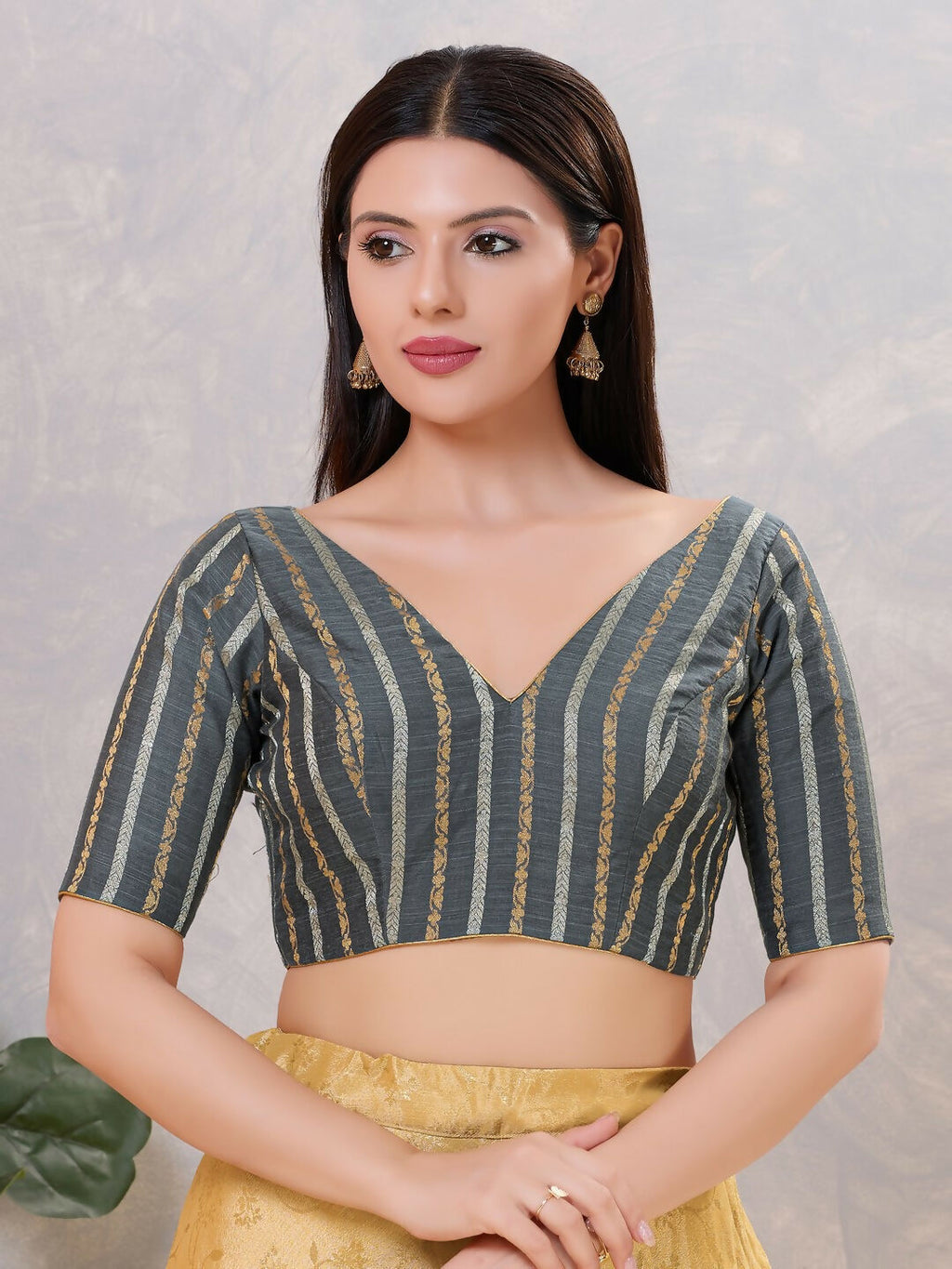 Women's grey cotton blend stitched saree blouse front view