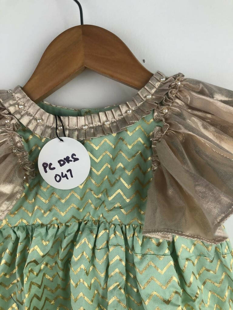 Girls Green and Gold Printed Dress with Bell Sleeves