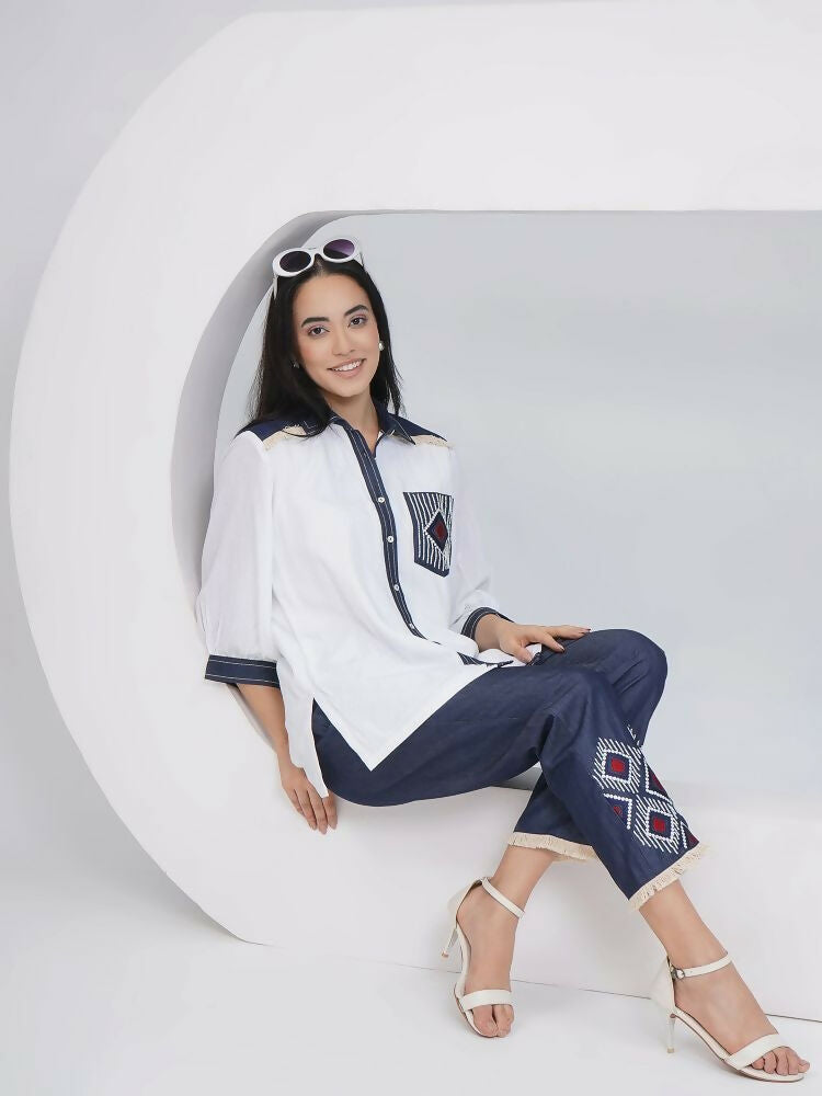 White Rayon Crepe Hand-Embellished Shirt and Embellished Pants Set