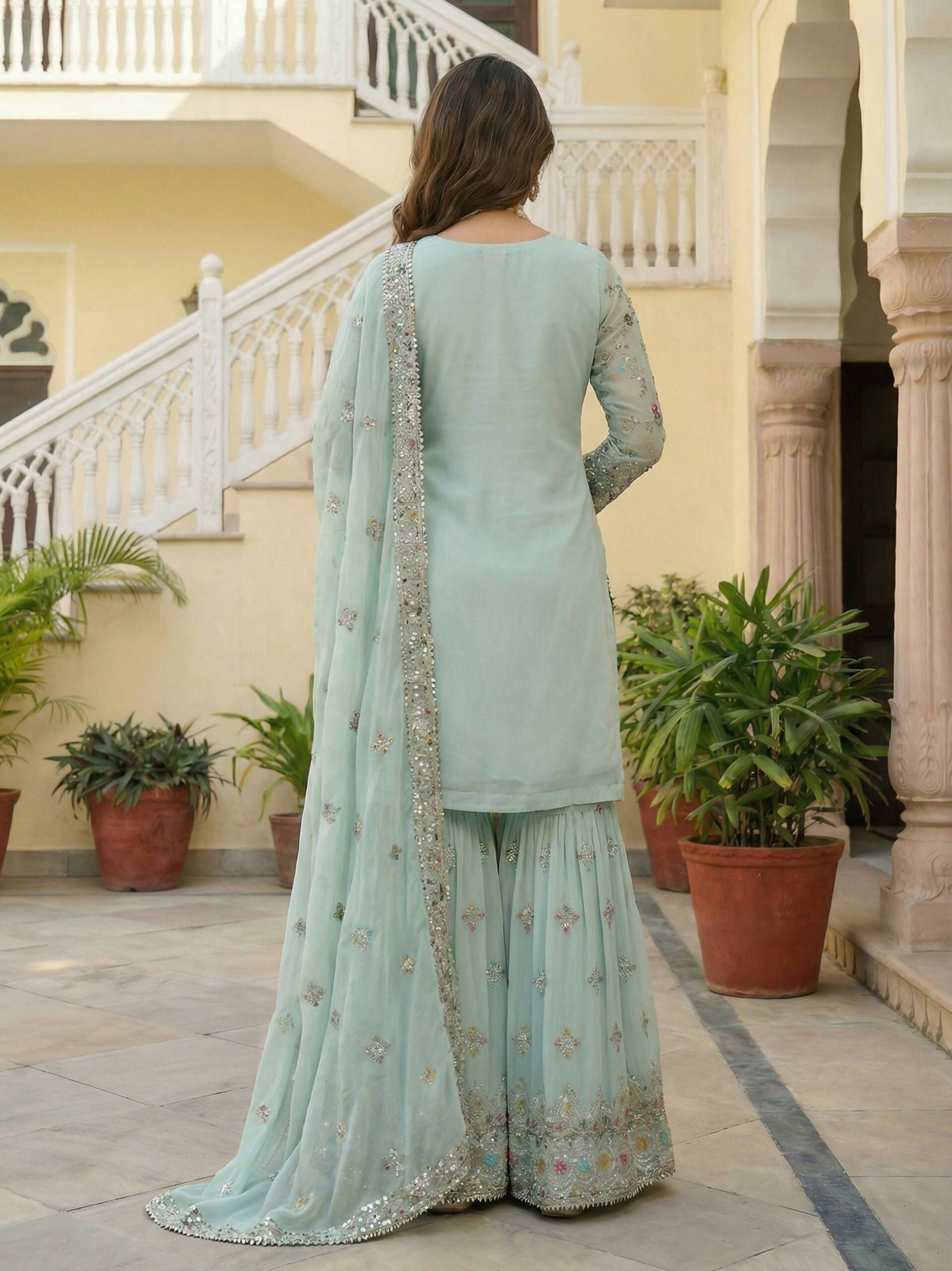 Sky Georgette Embroidered Sharara Set - Stitched Ethnic Outfit